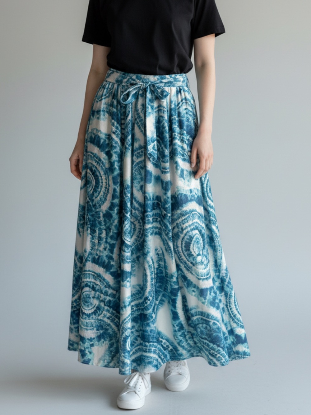 Blue Tie-Dye Maxi Skirt with Waist Tie